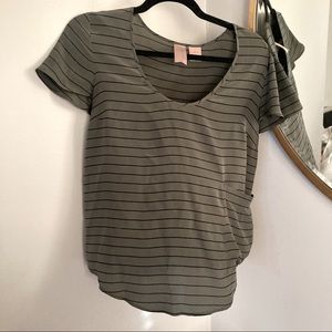 Olive green striped 100% silk top size M